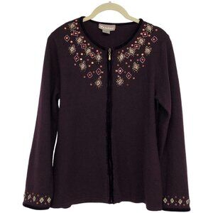 Tanjay Purple Maroon Full Zip Up Sweater Jacket embroidered collar + sleeves S